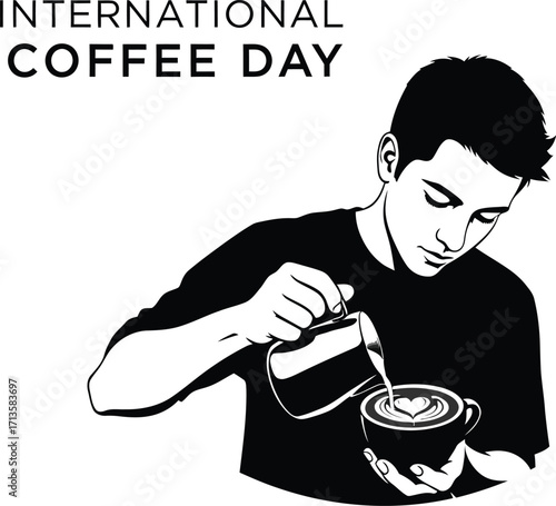 International coffee day illustration of barista pouring coffee symbolizes coffee culture and celebration