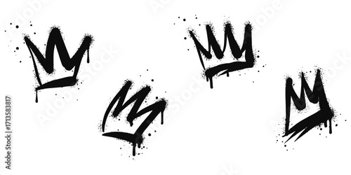 collection of Spray painted graffiti crown sign in black over white. Crown drip symbol. isolated on white background