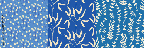 Wallpaper Mural Set of Blue Seamless Leaf and Botanical Pattern Designs Torontodigital.ca