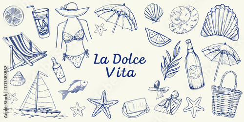 La dolce vita collection of hand drawn summer beach vacation elements and accessories