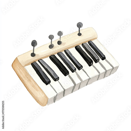 Artistic watercolor illustration of a small wooden piano keyboard.