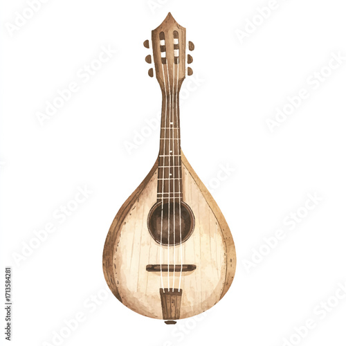 Artistic watercolor illustration of a traditional wooden mandolin.