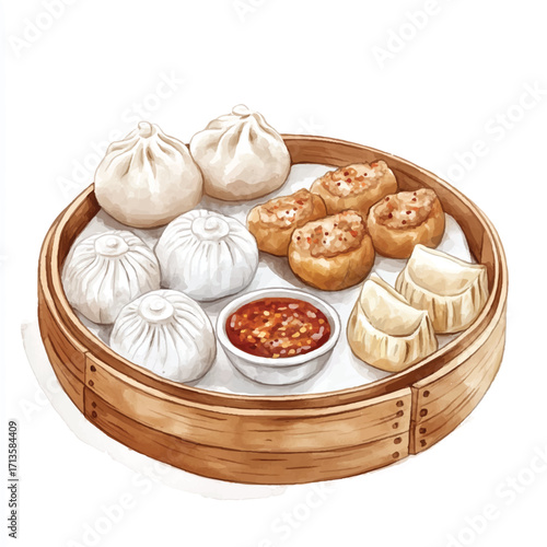 Assorted Dim Sum Steamer with Delicious Asian Dumplings and Buns.