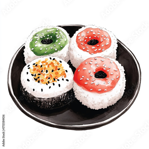 Assorted Onigiri on a Black Plate A Culinary Delight.