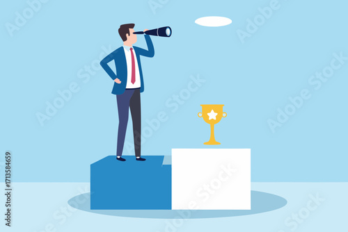 Businessman looking through telescope on podium with trophy symbolizing future success and achievement