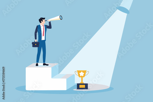 Businessman with spyglass on podium looking towards trophy under spotlight