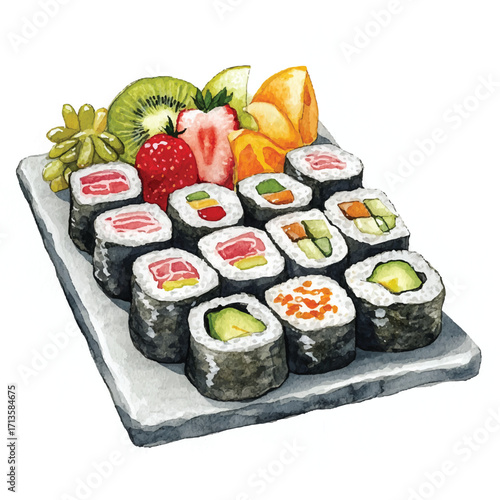 Assortment of Sushi Rolls and Fresh Fruit Platter.