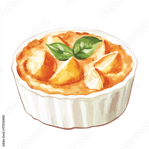 Baked Peach Cobbler in White Ramekin Dish.