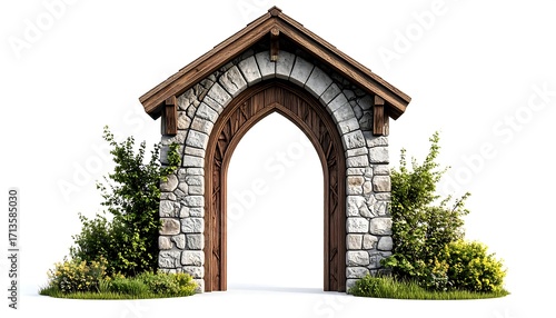 Fototapeta Naklejka Na Ścianę i Meble -  Stone archway with wooden roof and greenery