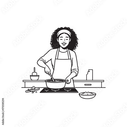 Black and White Vector Illustration of a Smiling Woman Cooking in Kitchen with Apron and Headband