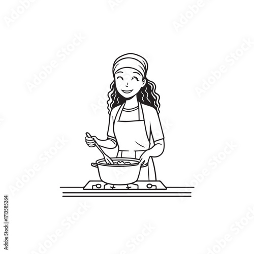 Black and White Vector Illustration of a Smiling Woman Cooking in Kitchen with Apron and Headband