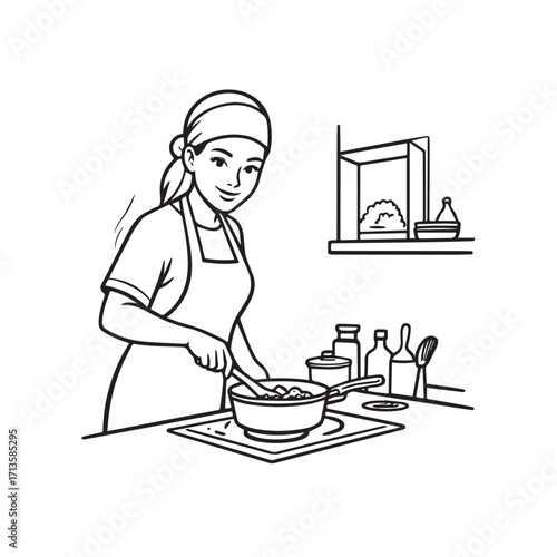 Black and White Vector Illustration of a Smiling Woman Cooking in Kitchen with Apron and Headband