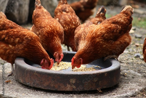 A group of brown hens pecking at feed from a gray, circular dish, placed on weathered stone ground. Natural background with blurred chickens in frame