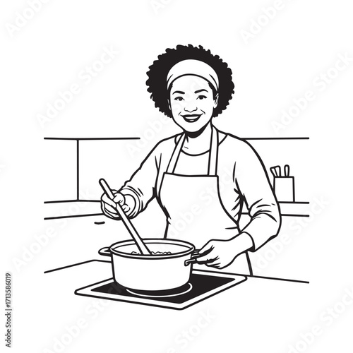 Black and White Vector Illustration of a Smiling Woman Cooking in Kitchen with Apron and Headband