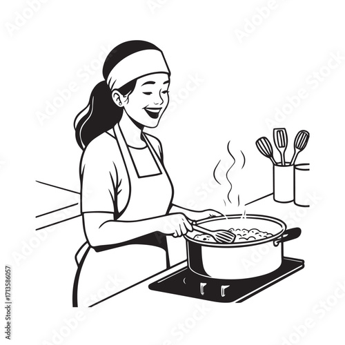 Black and White Vector Illustration of a Smiling Woman Cooking in Kitchen with Apron and Headband