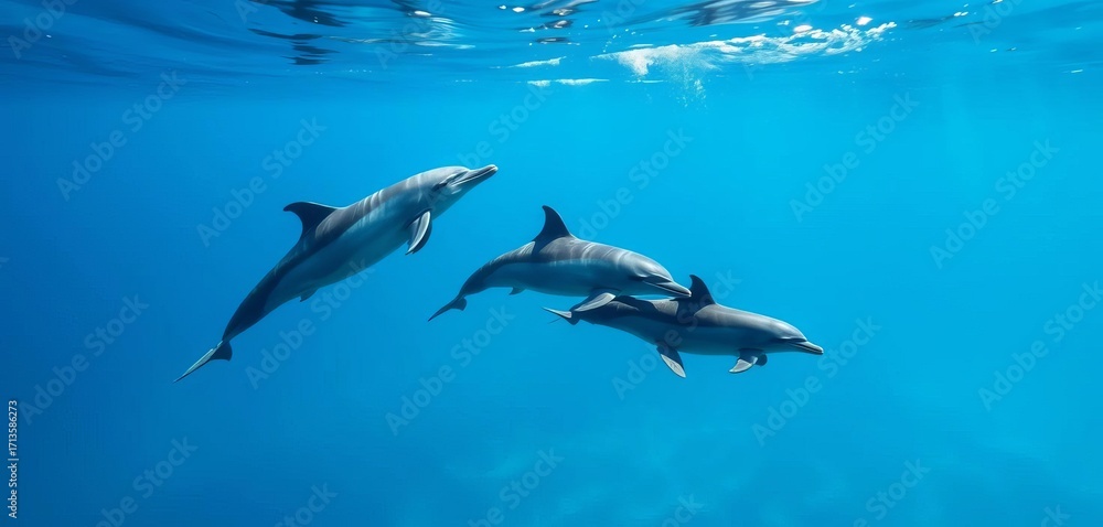 Fototapeta premium Three bottlenose dolphins swimming gracefully in the ocean, sunlight illuminating them, nature, mammal