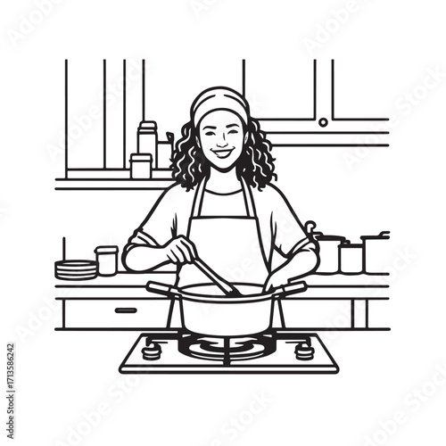 Black and White Vector Illustration of a Smiling Woman Cooking in Kitchen with Apron and Headband