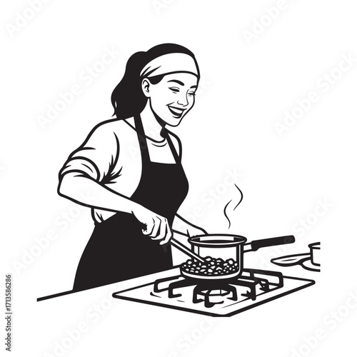 Black and White Vector Illustration of a Smiling Woman Cooking in Kitchen with Apron and Headband