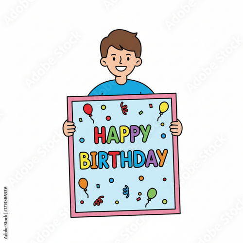The image shows a cartoon illustration of a smiling boy holding up a colorful sign that says "Happy Birthday."