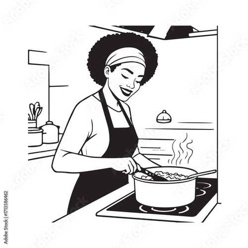 Black and White Vector Illustration of a Smiling Woman Cooking in Kitchen with Apron and Headband