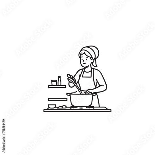 Black and White Vector Illustration of a Smiling Woman Cooking in Kitchen with Apron and Headband