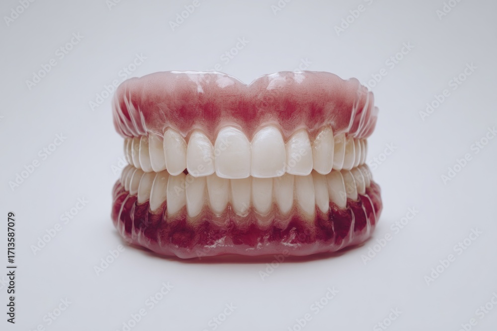 Obraz premium Dentures rest on white, a full set of artificial teeth in a pink gum base, displaying precise dental work against a plain background