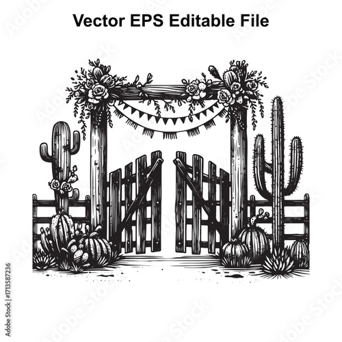Vector art of rustic wooden gate with cactus and pumpkins, vector illustration