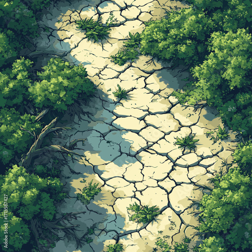 Aerial view of a drying wetland with cracked mudflats and vanishing vegetation. , vector style simple color