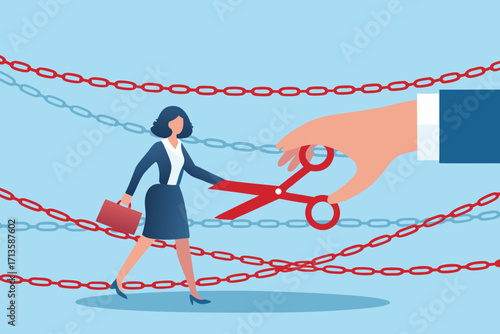 Businesswoman cutting through chains with scissors symbolizing freedom and overcoming obstacles in career path