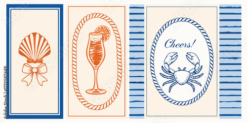 Nautical themed illustration with a seashell champagne flute and crab with cheers text