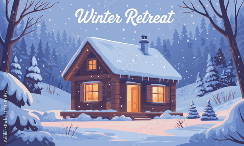 Cozy wooden cabin nestled in a snowy winter forest landscape.