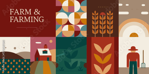 Farm and farming abstract geometric collage with rural elements and farmer illustration