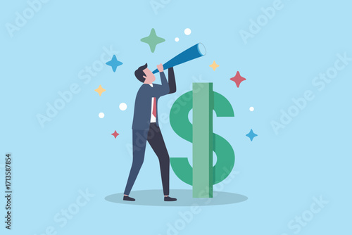 Businessman looking through telescope at large dollar sign symbolizing financial future and investment opportunities