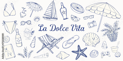 La dolce vita summer beach vacation elements collection hand drawn sketch style