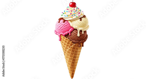 Ice cream cone with cherry on top isolated PNG with Transparent Background