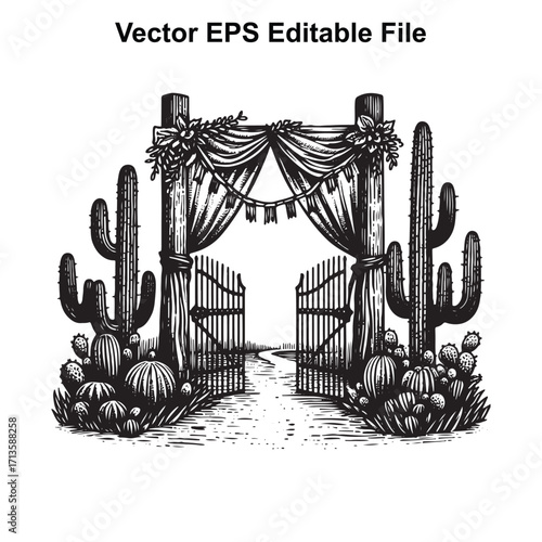 Vector art of vector illustration of a rustic wooden gate with cacti and desert landscape