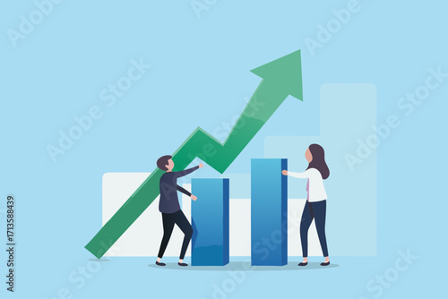 Two business people collaborating to build a successful financial growth chart with an upward trending arrow