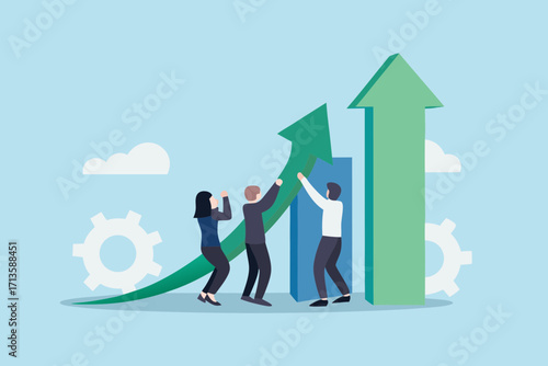 Teamwork and collaboration driving business growth and success with upward trending arrows and charts