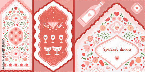 Whimsical pink and red floral design with wine glasses and special dinner text