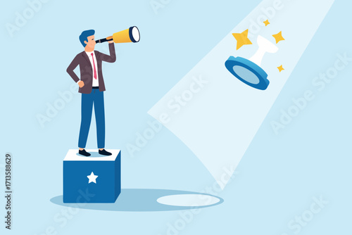 Businessman with telescope looking for success and trophy on a podium with a star