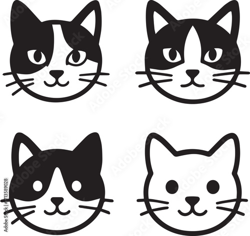 A charming set of cartoon black and white cat characters, each with a cute and funny face