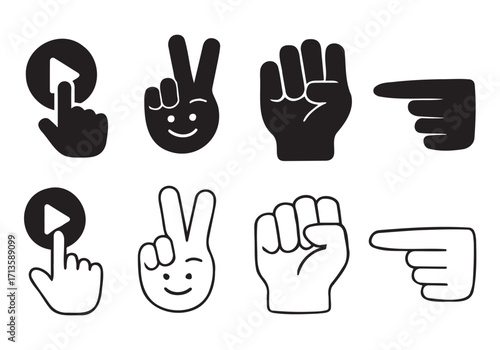 A set of hand gestures icons and silhouettes representing communication signs like victory, help, and number five, with fingers, thumb, and palm visible