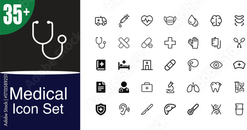 Comprehensive medical icon set featuring stethoscope and various health symbols