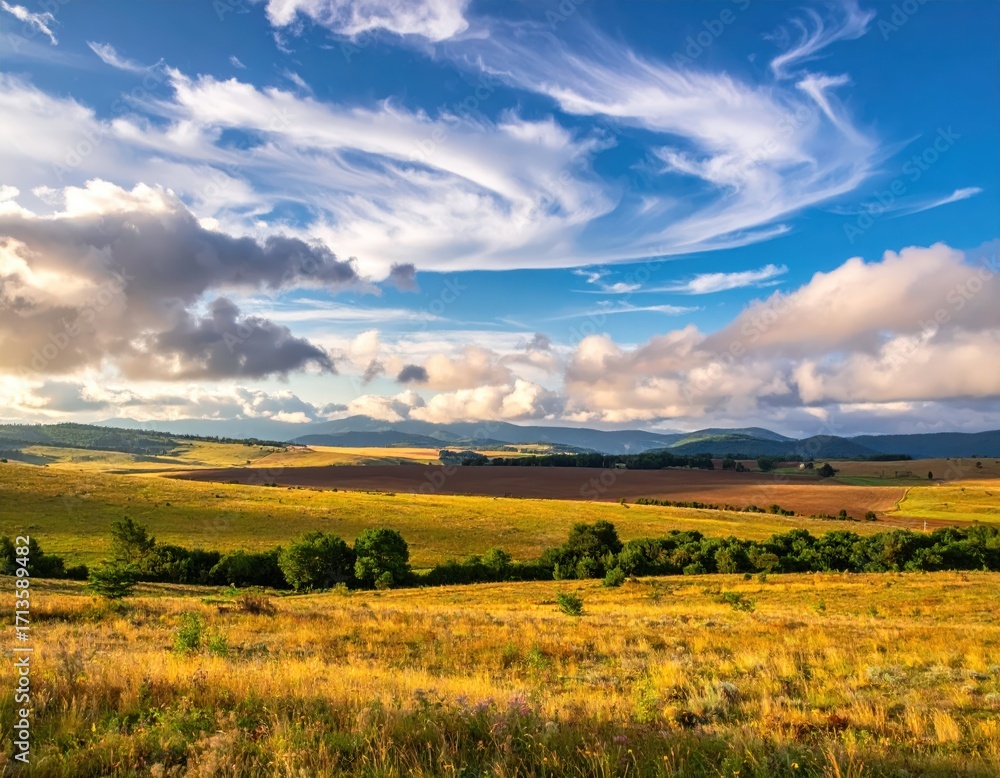 Obraz premium Scenic Landscape of Rolling Hills Under Blue Sky with Clouds