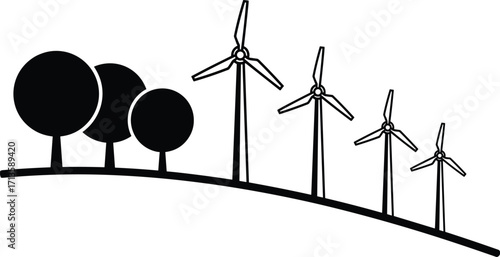 Silhouette of wind turbines on hill with trees, renewable energy landscape, eco-friendly power generation, sustainable environment, clean green electricity concept illustration