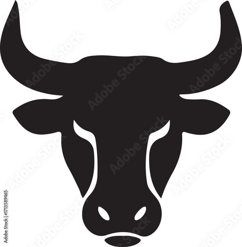 Black cartoon vector illustration of a bull with big horns isolated on a white background