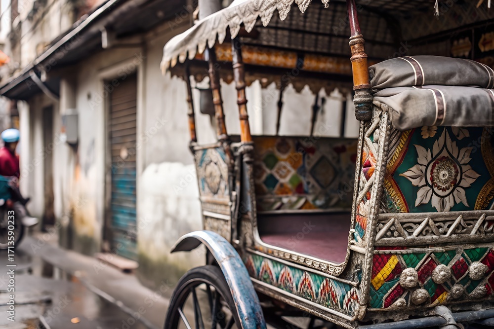 Naklejka premium Closeup of a beautifully decorated rickshaw in kolkata, india, showcasing its intricate design and cultural significance