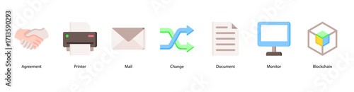 Digital Business Tools web banner icon vector illustration featuring Agreement, Printer, Mail, Change, Document, Monitor, and Blockchain for modern office operations.