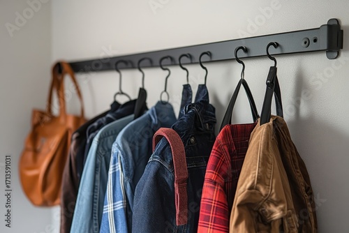 Metal hook hangers for clothes and bags in a bathroom or room, mounted on a white wall, for organization, Generative AI