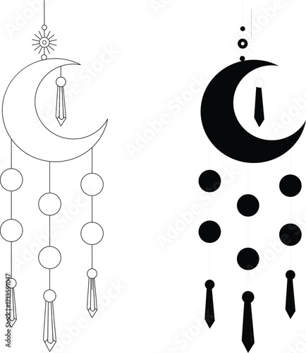 Celestial Moon Dreamcatcher Line Art and Silhouette